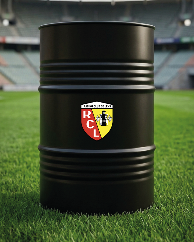 Mise en situation d’un baril décoratif avec kit de 2 stickers RC Lens