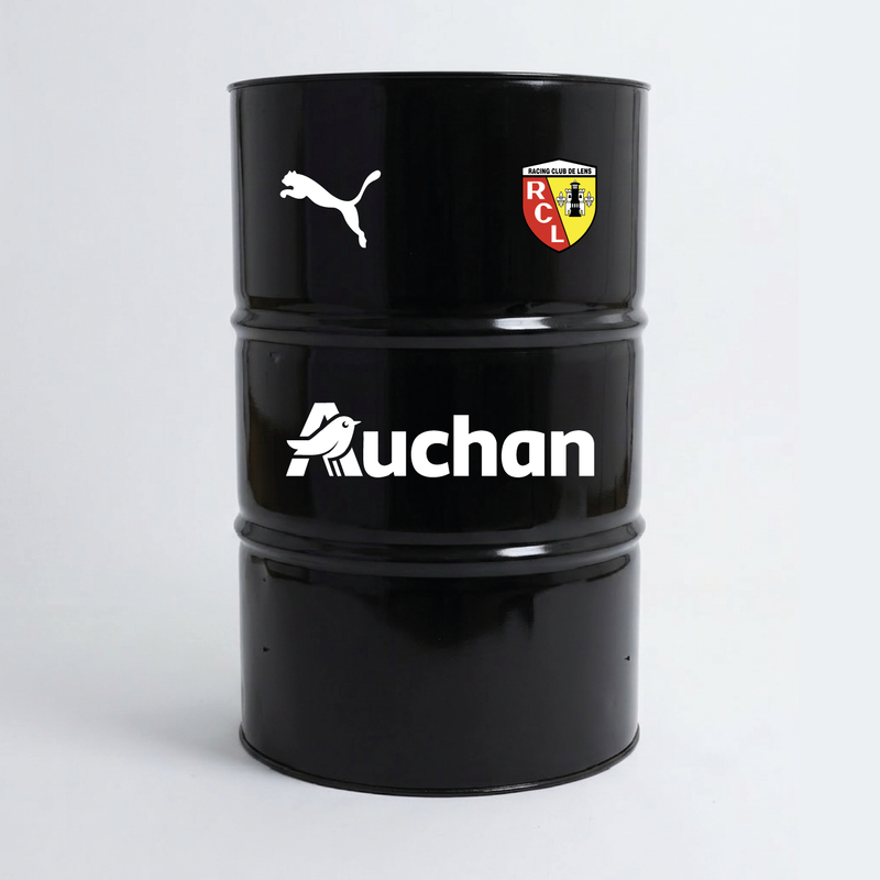 Vue de face d’un baril décoratif avec kit de 4 stickers Racing Club De Lens 