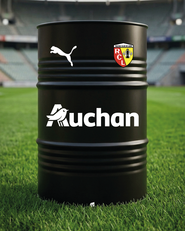 Mise en situation d’un baril décoratif avec kit de 4 stickers Racing Club De Lens 