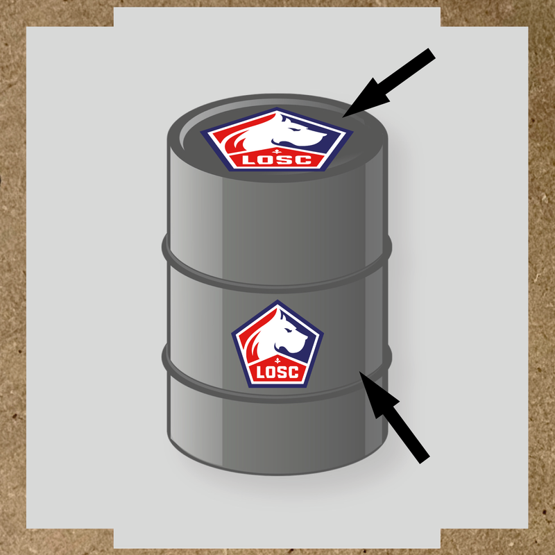 Kit de 2 stickers vinyle pour baril, décoratifs avec logo et cheval blanc, couleur rouge, bleu et blanc.
