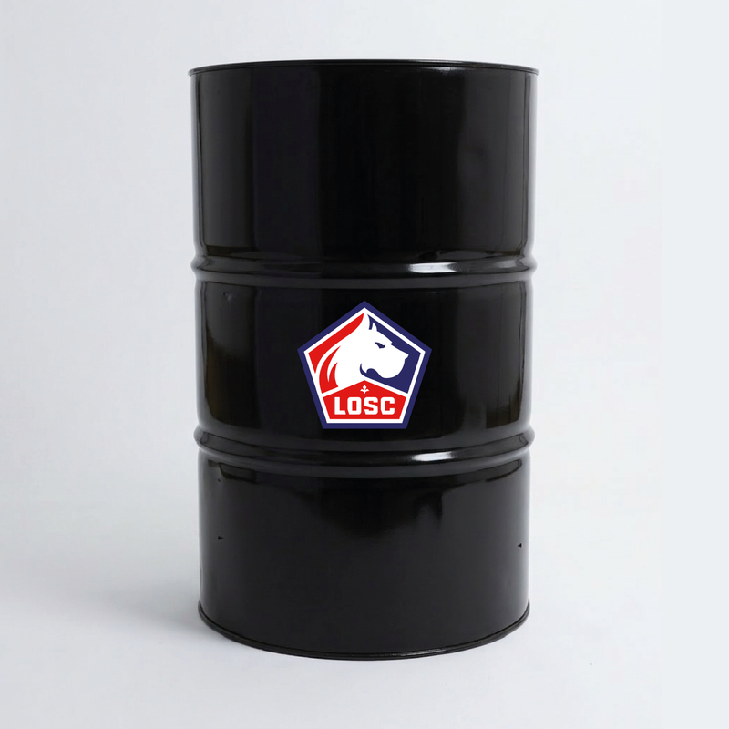 Vue du dessus d’un baril décoratif avec sticker supérieur LOSC