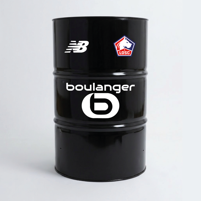 Vue de face d’un baril décoratif avec kit de 4 stickers LOSC 