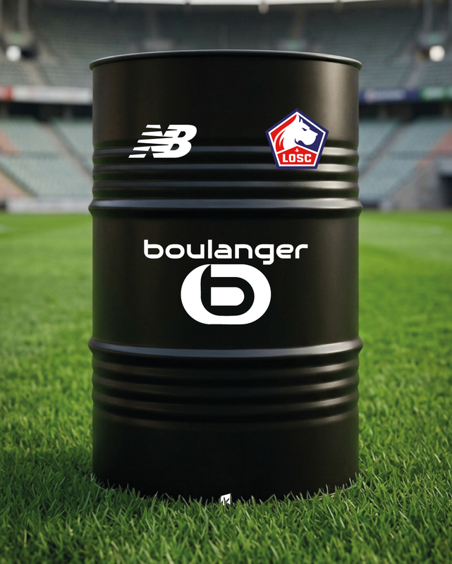 Mise en situation d’un baril décoratif avec kit de 4 stickers LOSC 