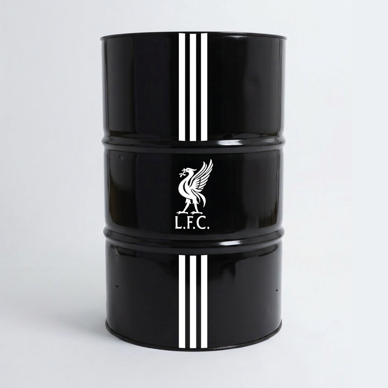Vue de face d’un baril décoratif avec kit de 4 stickers Liverpool 