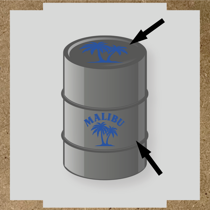 Kit de 2 stickers pour baril avec un design palmier et le mot 'MALIBU' en lettres blanches couleur:bleu acier