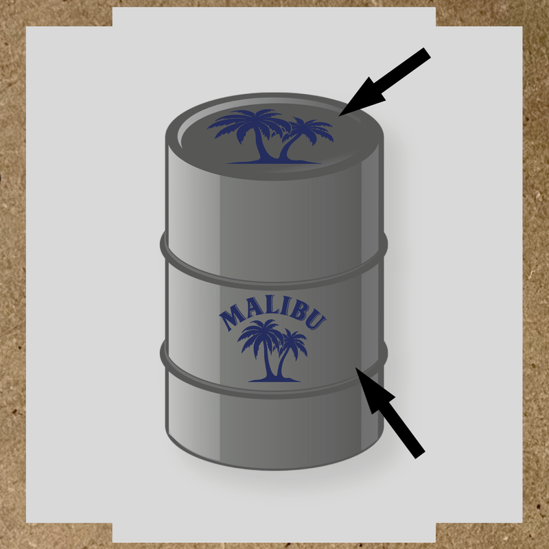 Kit de 2 stickers pour baril avec un design palmier et le mot 'MALIBU' en lettres blanches couleur:bleu nuit