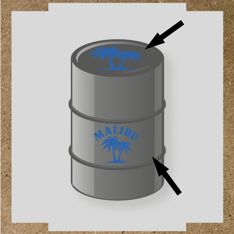 Kit de 2 stickers pour baril avec un design palmier et le mot 'MALIBU' en lettres blanches couleur:bleu pétrole