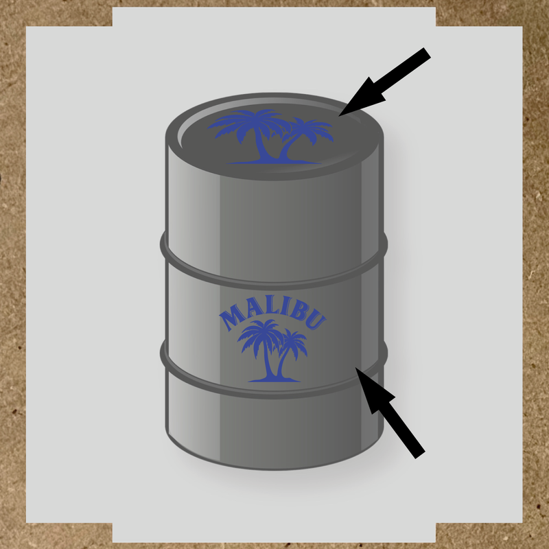 Kit de 2 stickers pour baril avec un design palmier et le mot 'MALIBU' en lettres blanches couleur:bleu roi