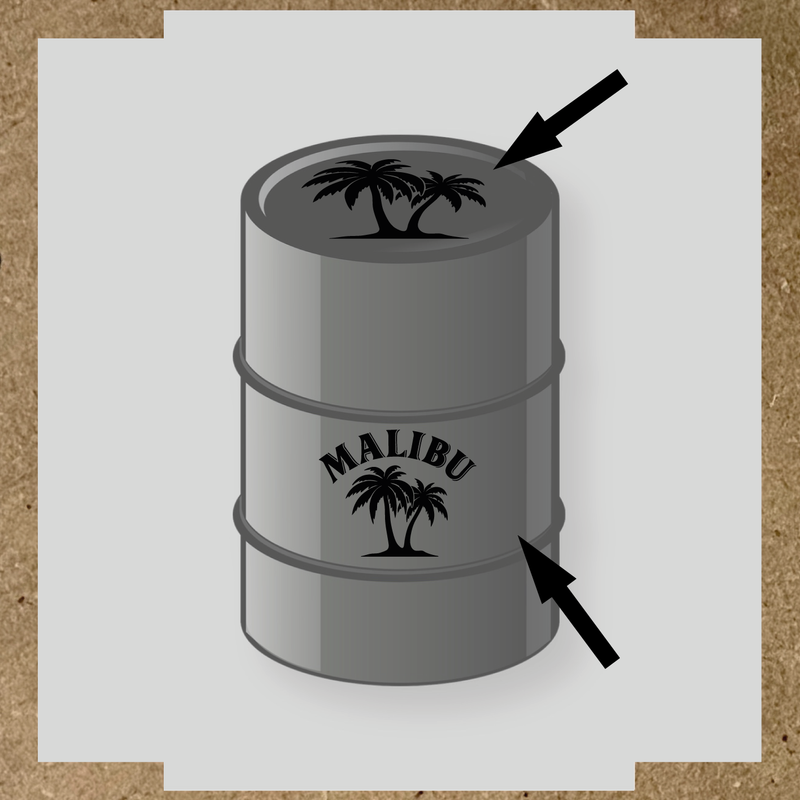 Kit de 2 stickers pour baril avec un design palmier et le mot 'MALIBU' en lettres blanches couleur:noir