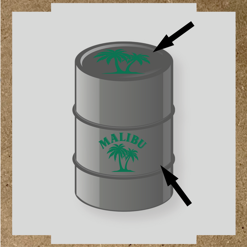 Kit de 2 stickers pour baril avec un design palmier et le mot 'MALIBU' en lettres blanches couleur:vert émeraude