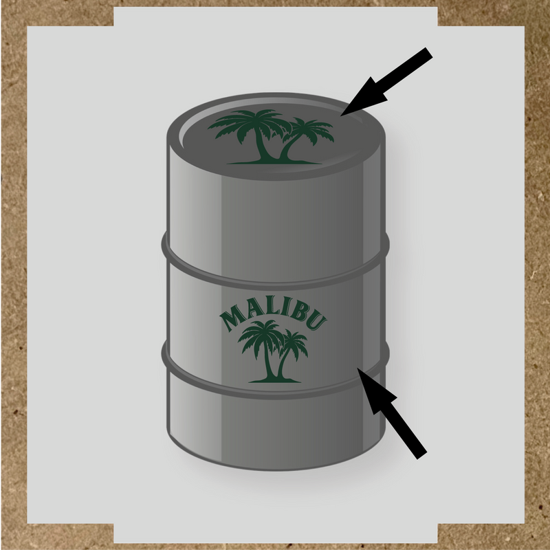 Kit de 2 stickers pour baril avec un design palmier et le mot 'MALIBU' en lettres blanches couleur:vert forêt