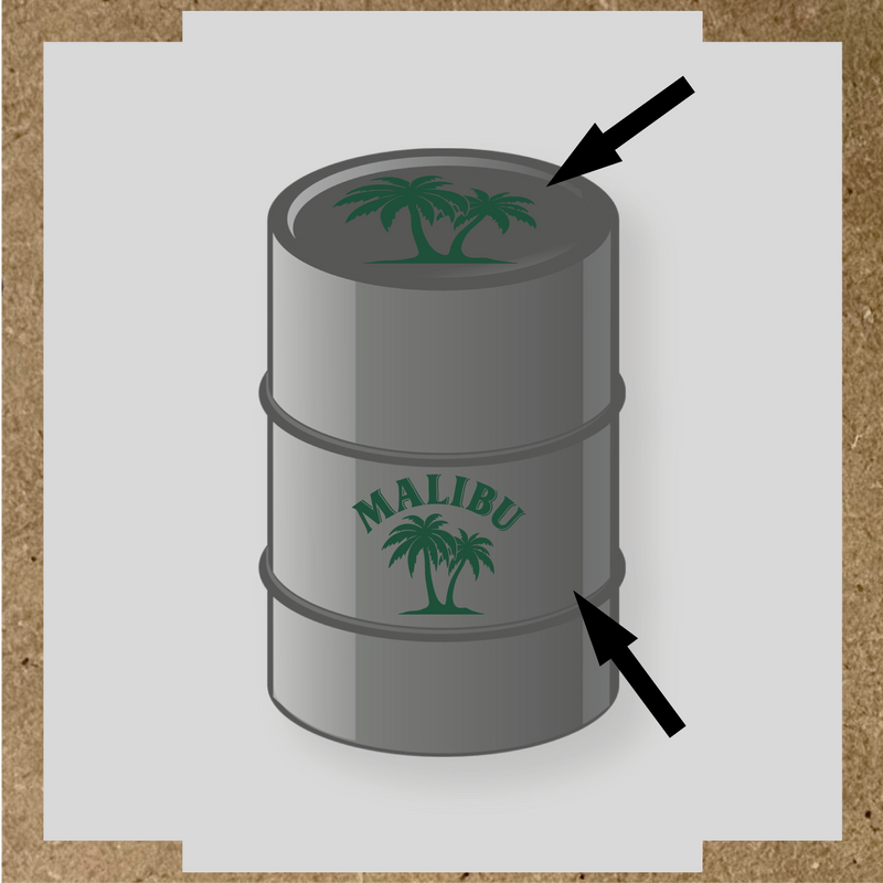 Kit de 2 stickers pour baril avec un design palmier et le mot 'MALIBU' en lettres blanches couleur:vert sapin