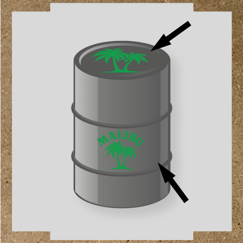 Kit de 2 stickers pour baril avec un design palmier et le mot 'MALIBU' en lettres blanches couleur:vert vif