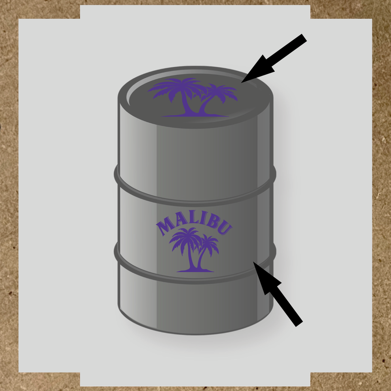 Kit de 2 stickers pour baril avec un design palmier et le mot 'MALIBU' en lettres blanches couleur:violet
