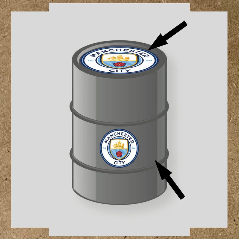 Kit de stickers pour personnaliser un baril avec le logo Manchester City, deux stickers inclus.