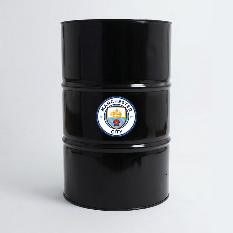 Vue du dessus d’un baril décoratif avec sticker supérieur Manchester City