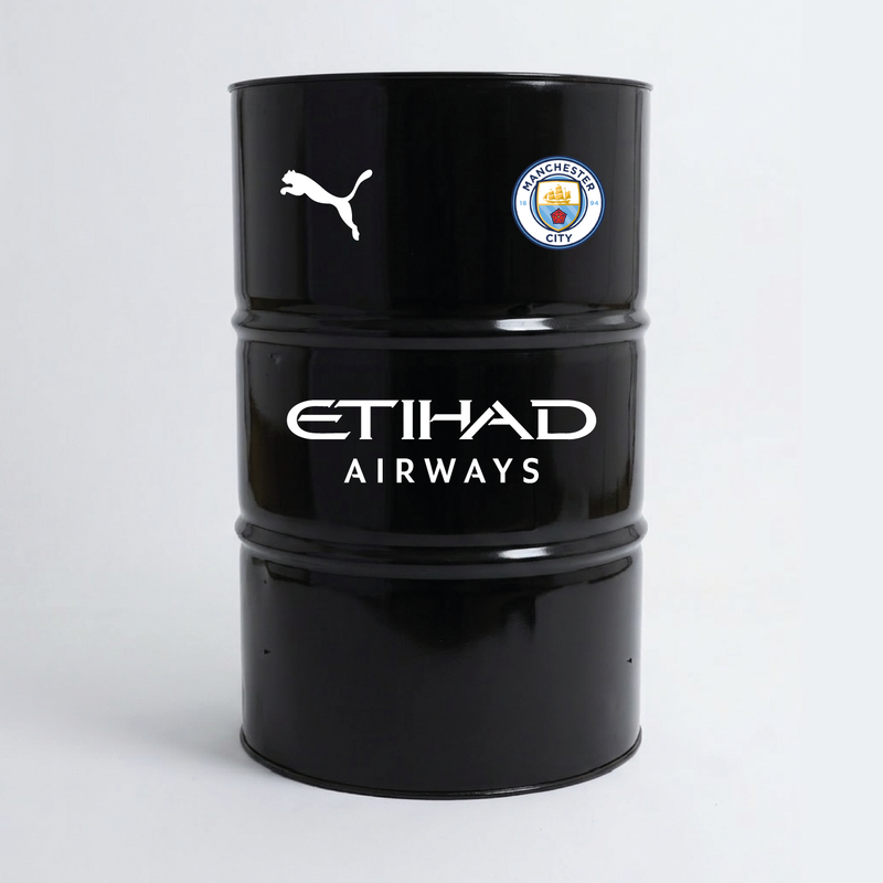 Vue de face d’un baril décoratif avec kit de 4 stickers Manchester City 