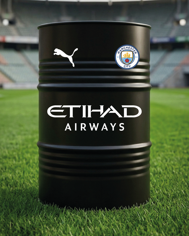 Mise en situation d’un baril décoratif avec kit de 4 stickers Manchester City 