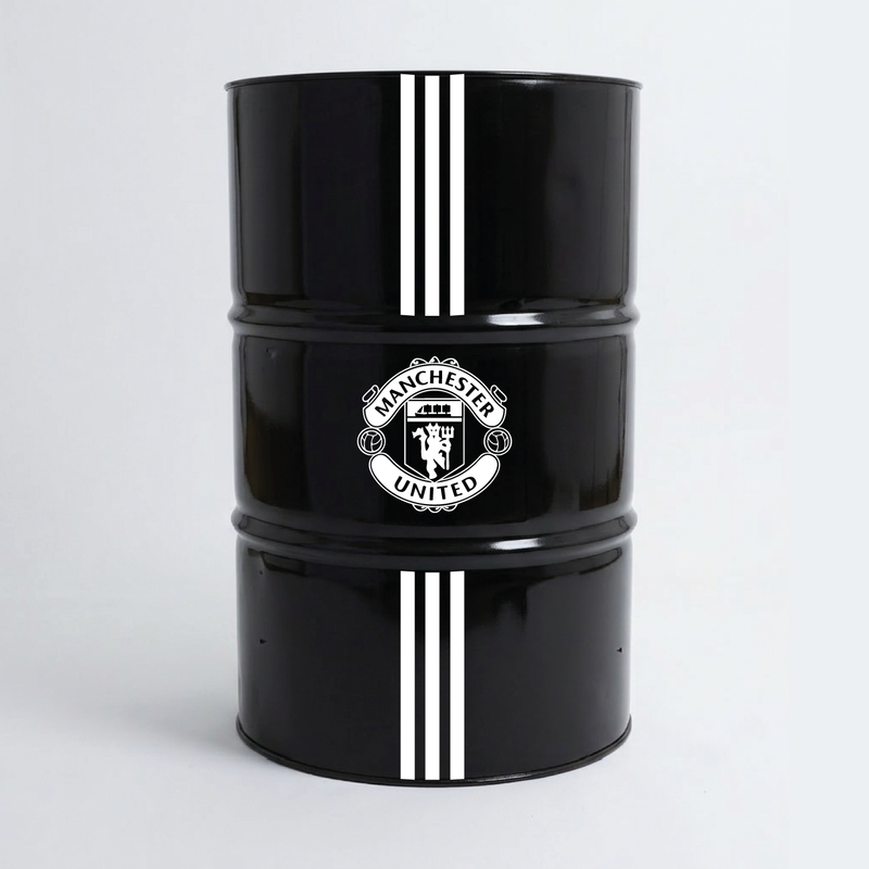 Vue de face d’un baril décoratif avec kit de 4 stickers Manchester United 