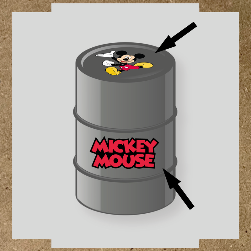 Kit de 2 stickers pour baril avec un personnage de cartoon et le texte 'MICKEY MOUSE'.