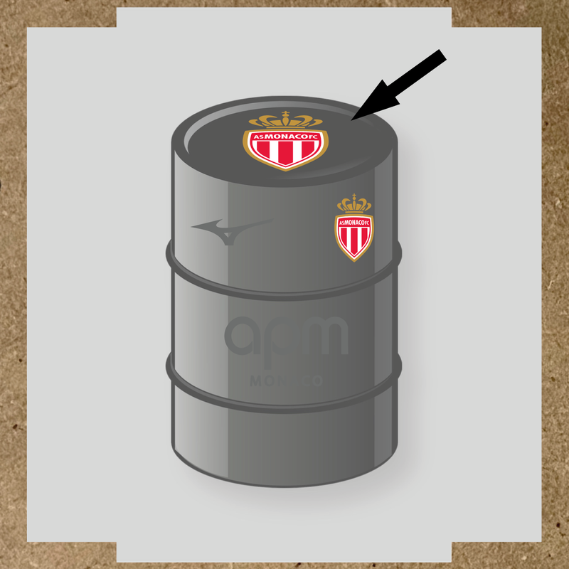 Kit de 4 stickers AS Monaco pour baril décoratif, mettant en avant le logo AS Monaco sur le dessus du baril. couleur:gris foncé