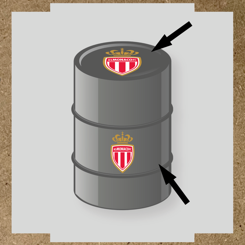 Kit de 2 stickers AS Monaco pour baril, composés de deux logos identiques sur un baril visible.