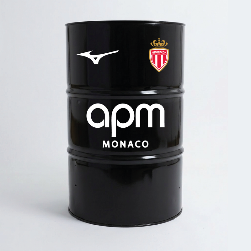 Vue de face d’un baril décoratif avec kit de 4 stickers AS Monaco 