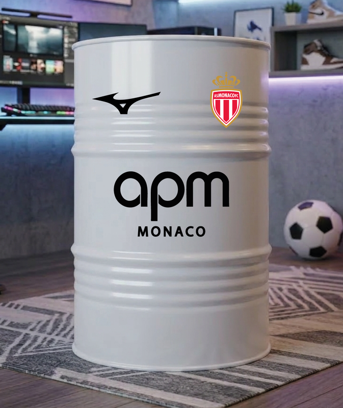 Baril décoratif avec stickers AS Monaco et visuel secondaire Mizuno 