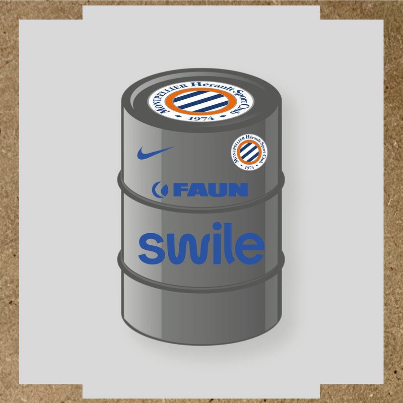 Kit de 4 stickers pour baril décoratif avec le logo Montpellier HSC et des éléments design. couleur:bleu acier