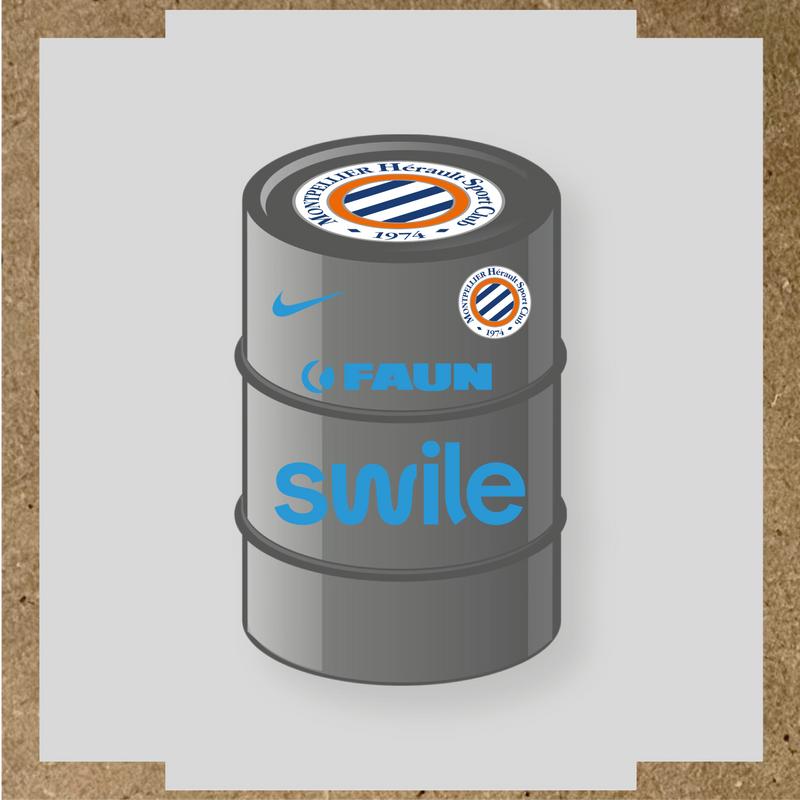 Kit de 4 stickers pour baril décoratif avec le logo Montpellier HSC et des éléments design. couleur:bleu ciel