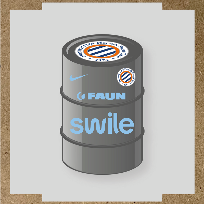 Kit de 4 stickers pour baril décoratif avec le logo Montpellier HSC et des éléments design. couleur:bleu pastel