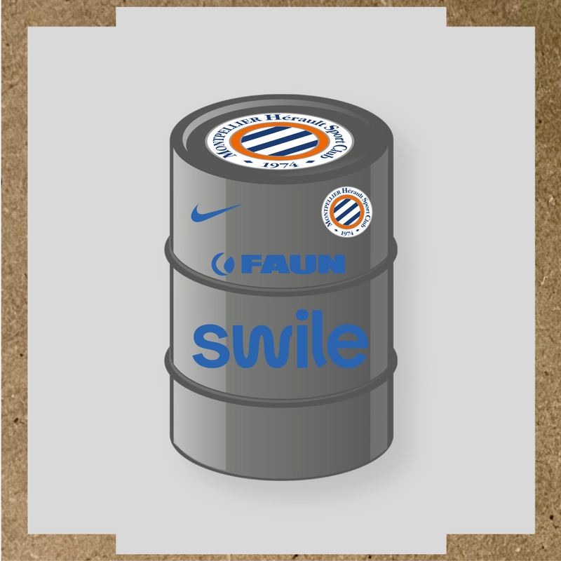 Kit de 4 stickers pour baril décoratif avec le logo Montpellier HSC et des éléments design. couleur:bleu pétrole