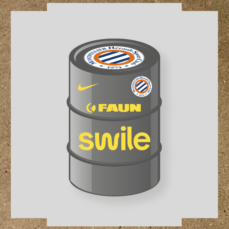 Kit de 4 stickers pour baril décoratif avec le logo Montpellier HSC et des éléments design. couleur:jaune clair