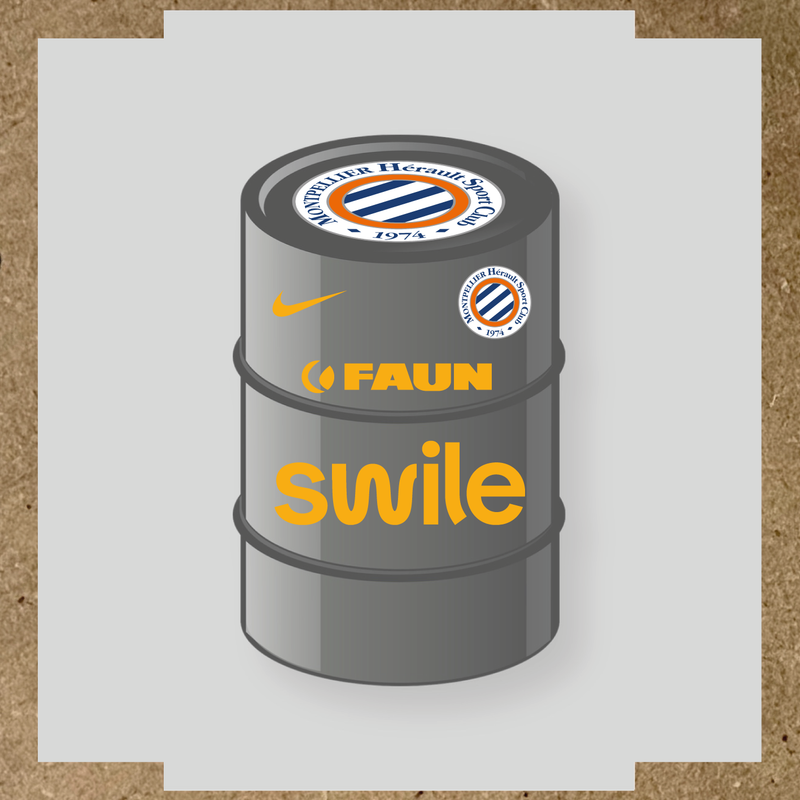 Kit de 4 stickers pour baril décoratif avec le logo Montpellier HSC et des éléments design. couleur:jaune foncé