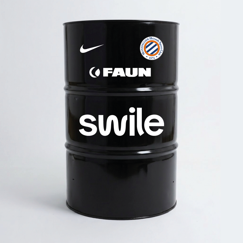 Vue de face d’un baril décoratif avec kit de 4 stickers Montpellier HSC 