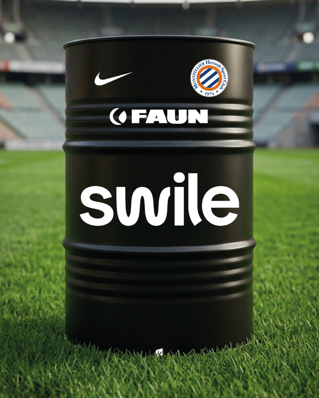Mise en situation d’un baril décoratif avec kit de 4 stickers Montpellier HSC 