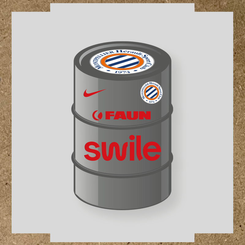 Kit de 4 stickers pour baril décoratif avec le logo Montpellier HSC et des éléments design. couleur:rouge