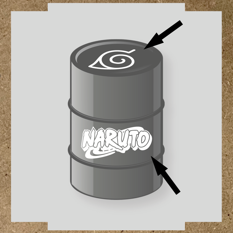 Kit de 2 stickers vinyle Naruto pour personnalisation de baril, design sur le dessus et côté. couleur:blanc