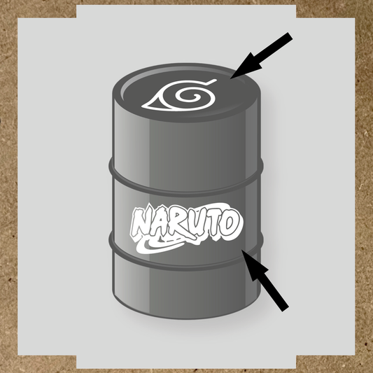 Kit de 2 stickers vinyle Naruto pour personnalisation de baril, design sur le dessus et côté. couleur:blanc