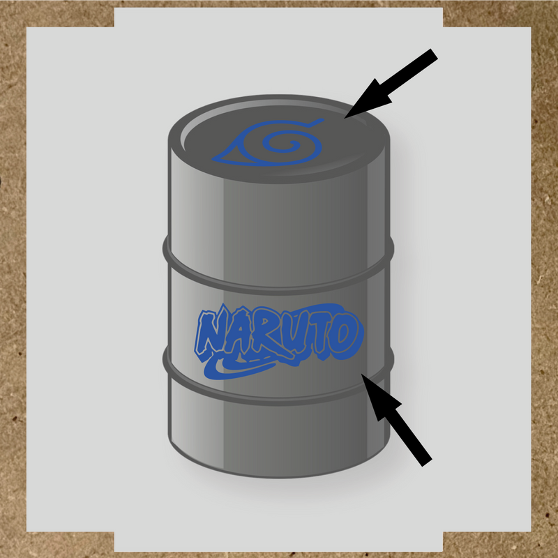 Kit de 2 stickers vinyle Naruto pour personnalisation de baril, design sur le dessus et côté. couleur:bleu acier
