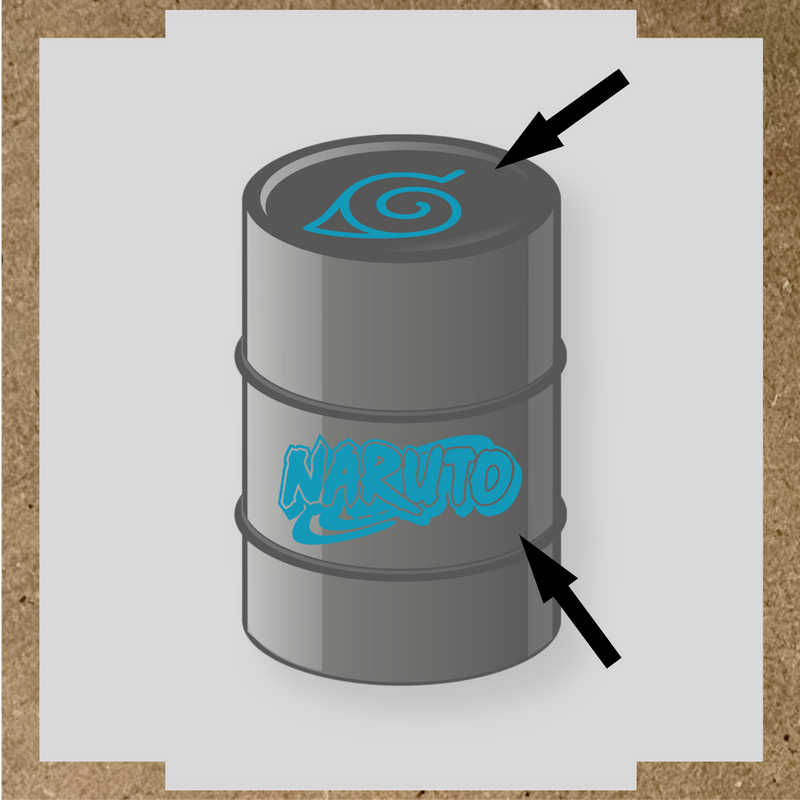 Kit de 2 stickers vinyle Naruto pour personnalisation de baril, design sur le dessus et côté. couleur:bleu azur