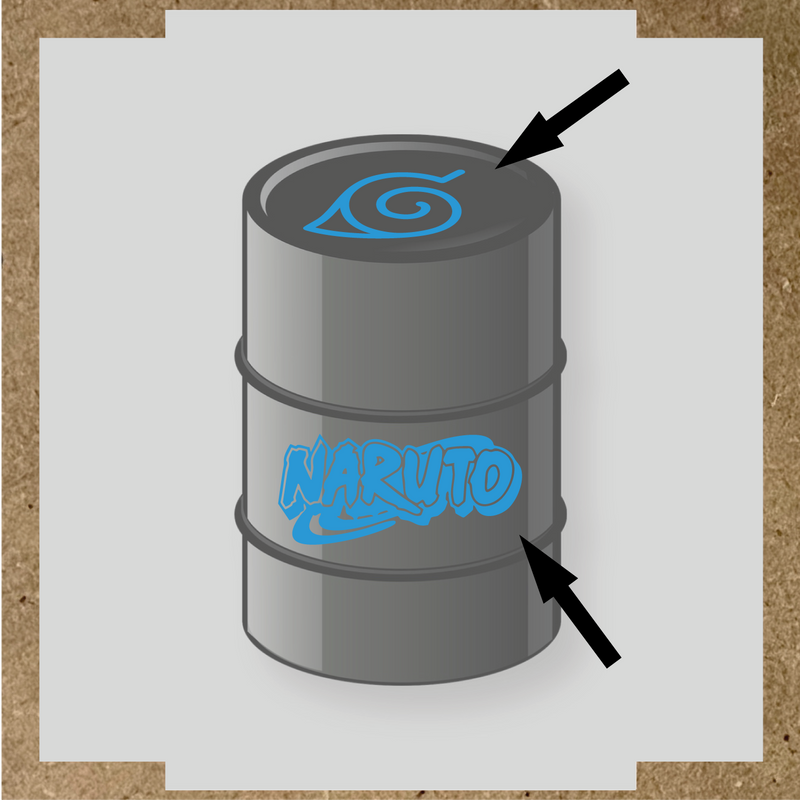 Kit de 2 stickers vinyle Naruto pour personnalisation de baril, design sur le dessus et côté. couleur:bleu ciel