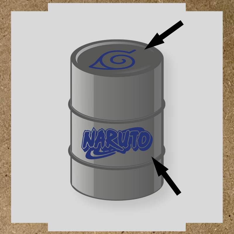 Kit de 2 stickers vinyle Naruto pour personnalisation de baril, design sur le dessus et côté. couleur:bleu indigo