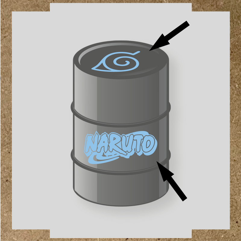 Kit de 2 stickers vinyle Naruto pour personnalisation de baril, design sur le dessus et côté. couleur:bleu pastel