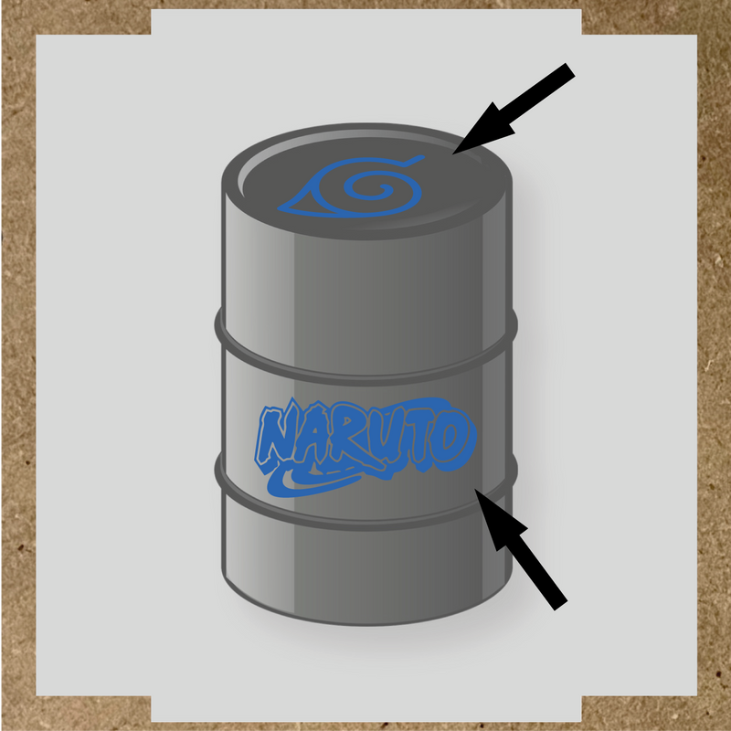 Kit de 2 stickers vinyle Naruto pour personnalisation de baril, design sur le dessus et côté. couleur:bleu pétrole
