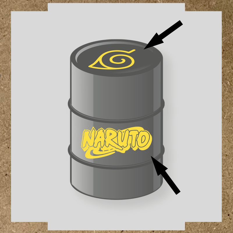 Kit de 2 stickers vinyle Naruto pour personnalisation de baril, design sur le dessus et côté. couleur:jaune clair