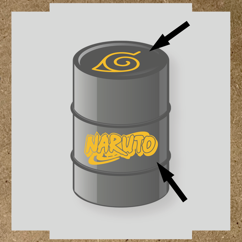Kit de 2 stickers vinyle Naruto pour personnalisation de baril, design sur le dessus et côté. couleur:jaune