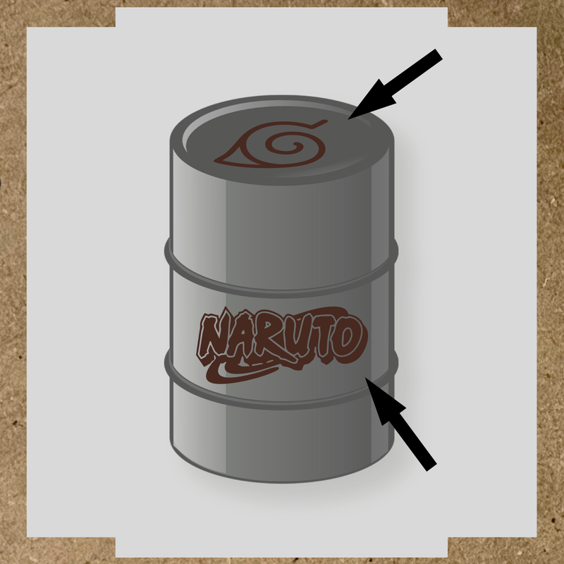 Kit de 2 stickers vinyle Naruto pour personnalisation de baril, design sur le dessus et côté. couleur:marron foncé