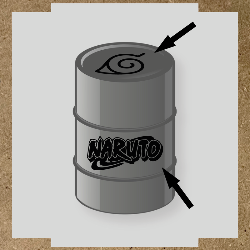Kit de 2 stickers vinyle Naruto pour personnalisation de baril, design sur le dessus et côté. couleur:noir