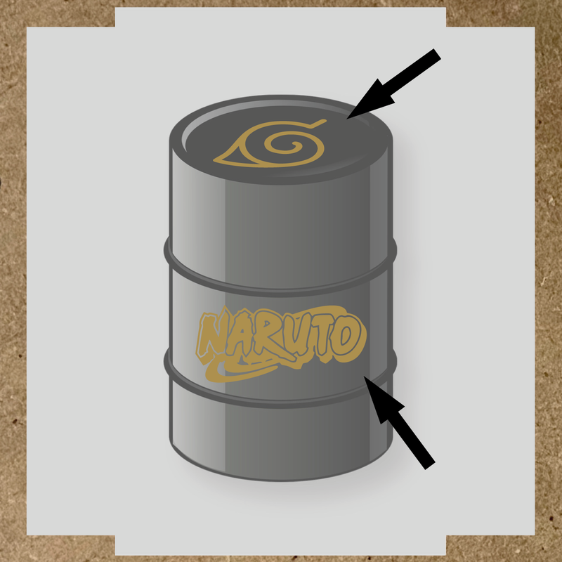 Kit de 2 stickers vinyle Naruto pour personnalisation de baril, design sur le dessus et côté. couleur:or